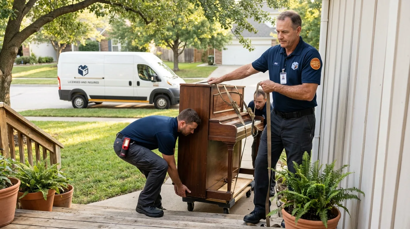 Licensed piano movers securing grand piano in Milford, NH
