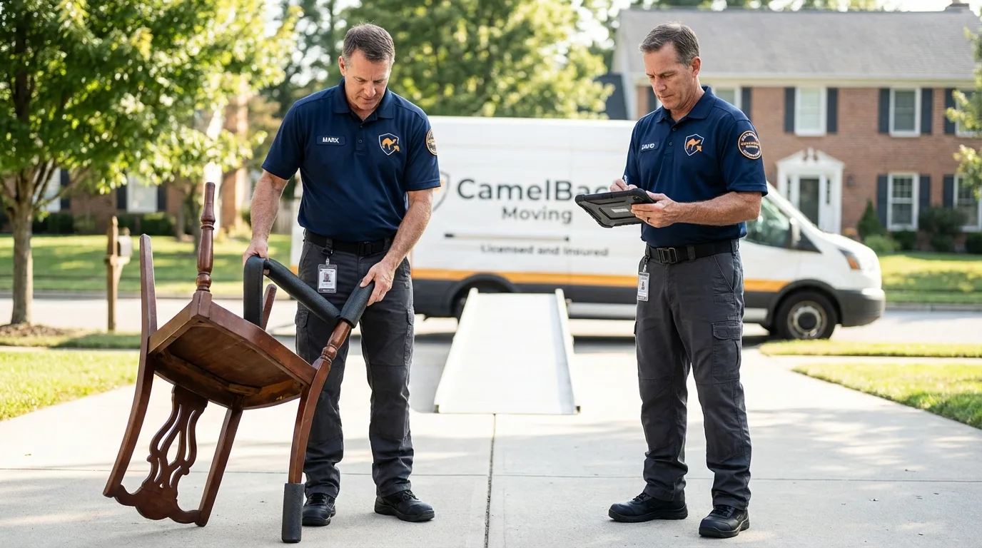 Movers inspecting furniture for damage prevention before loading in Milford, NH