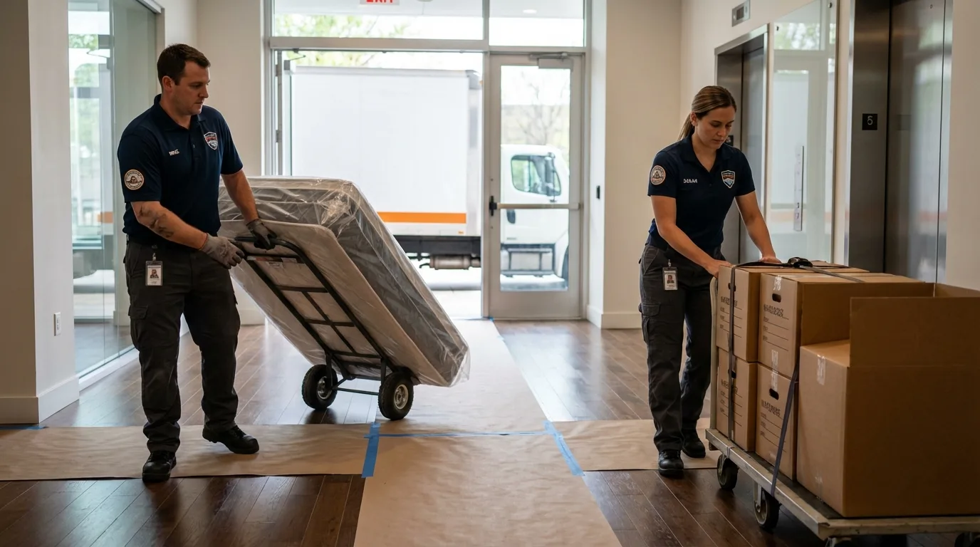 Professional apartment movers loading elevator in Milford, NH