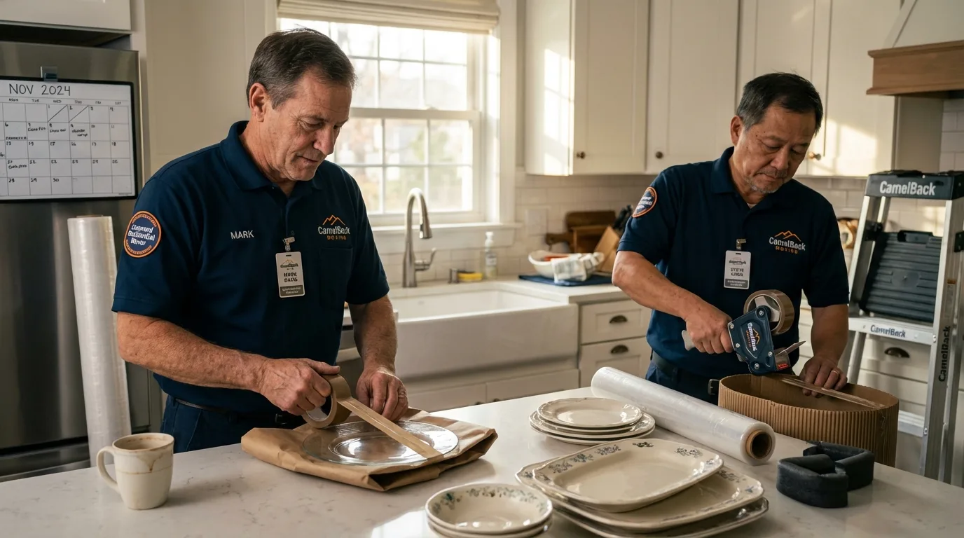 Professional crew packing kitchen dishware in Milford, NH
